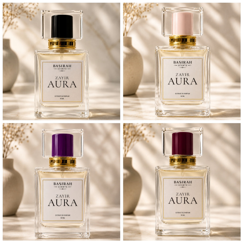Basirah Scents perfume collection including Zayir Aura Extrait de Parfum